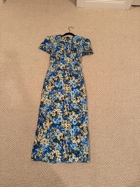 Kika Vargas Blue and Cream Floral Short-Sleeve Maxi Dress